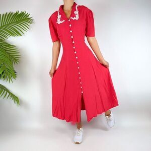 Vintage 90's Pink Cottagecore Romantic Button Prairie Midi Dress / Size: M/L